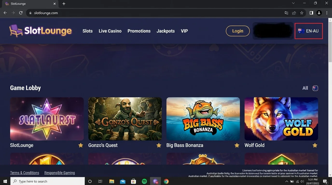 Current SlotLounge homepage showing official interface and Australian-facing signals